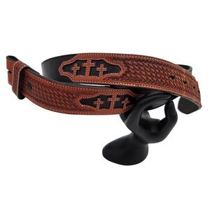 3D DDD 9900 Mens 44 Embroidered Handtooled Leather Belt 3 Crosses Western Cowboy